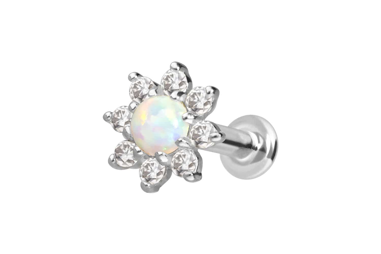 14 Karat Gold Labret mit Push Fit MOISSANIT-BLUME + SYNTHETISCHER OPAL